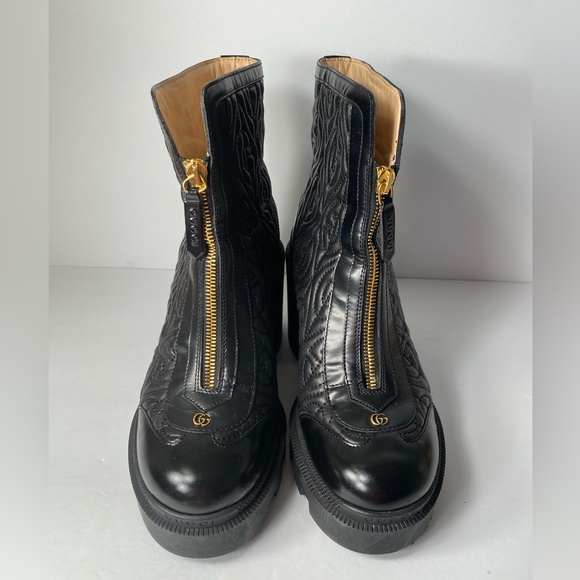 Gucci G rhombus boots block heels leather black 37.5 - Picture 5 of 13